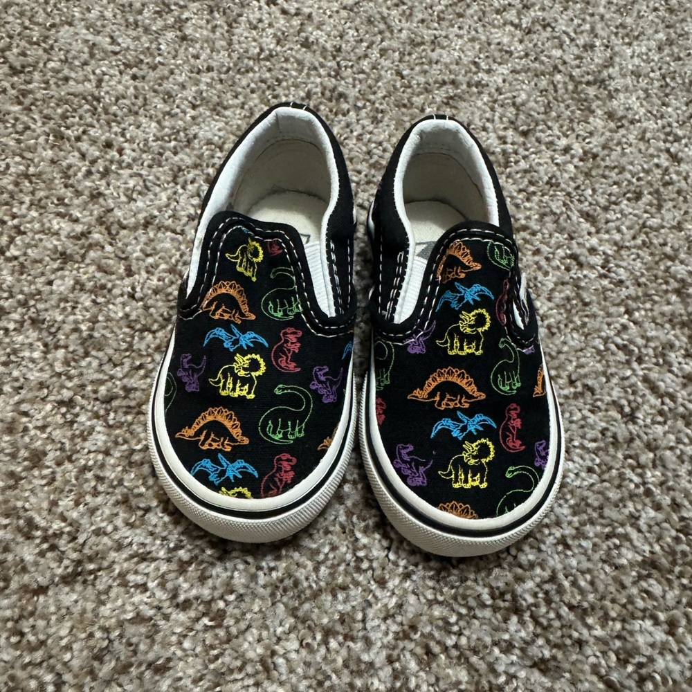 Vans Black Multicolor Dinosaur Kids Slip-On Sneakers